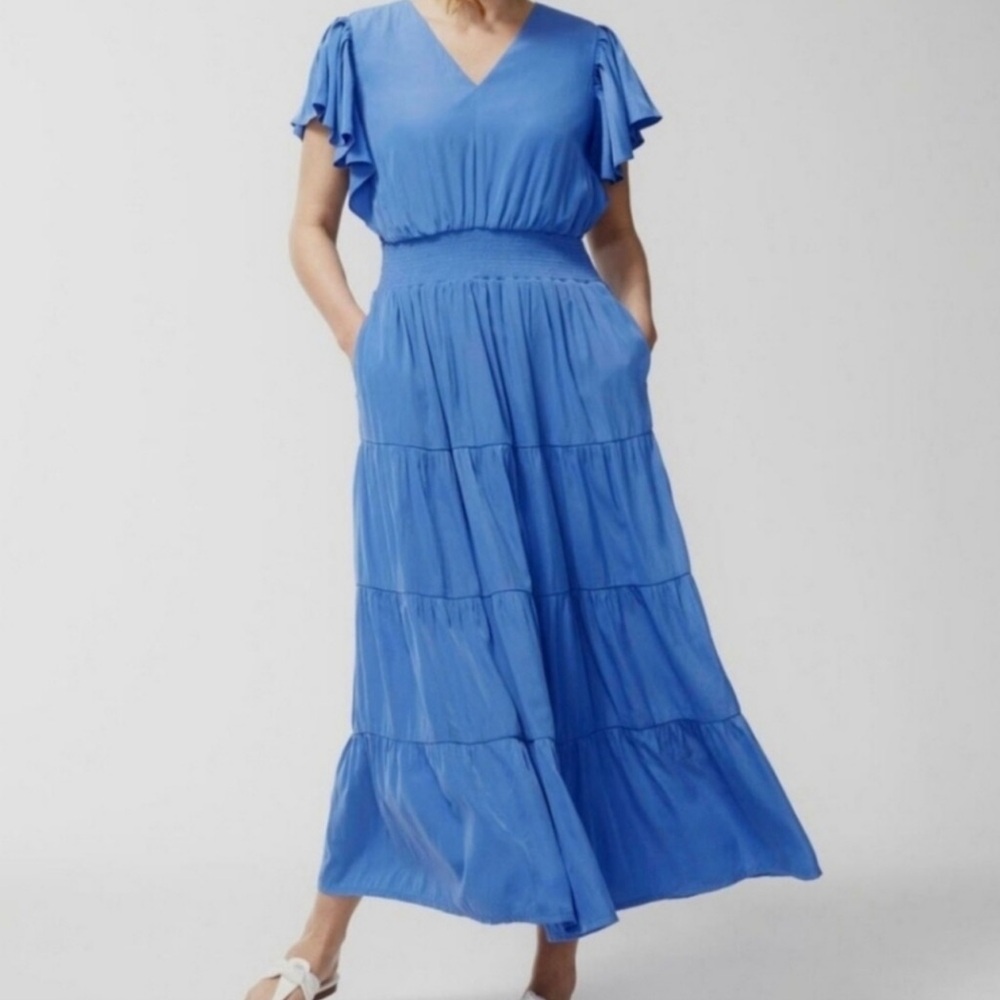 Chicos Dark Blue Flutter Sleeve Tiered Elegant Maxi Ruffle Dress